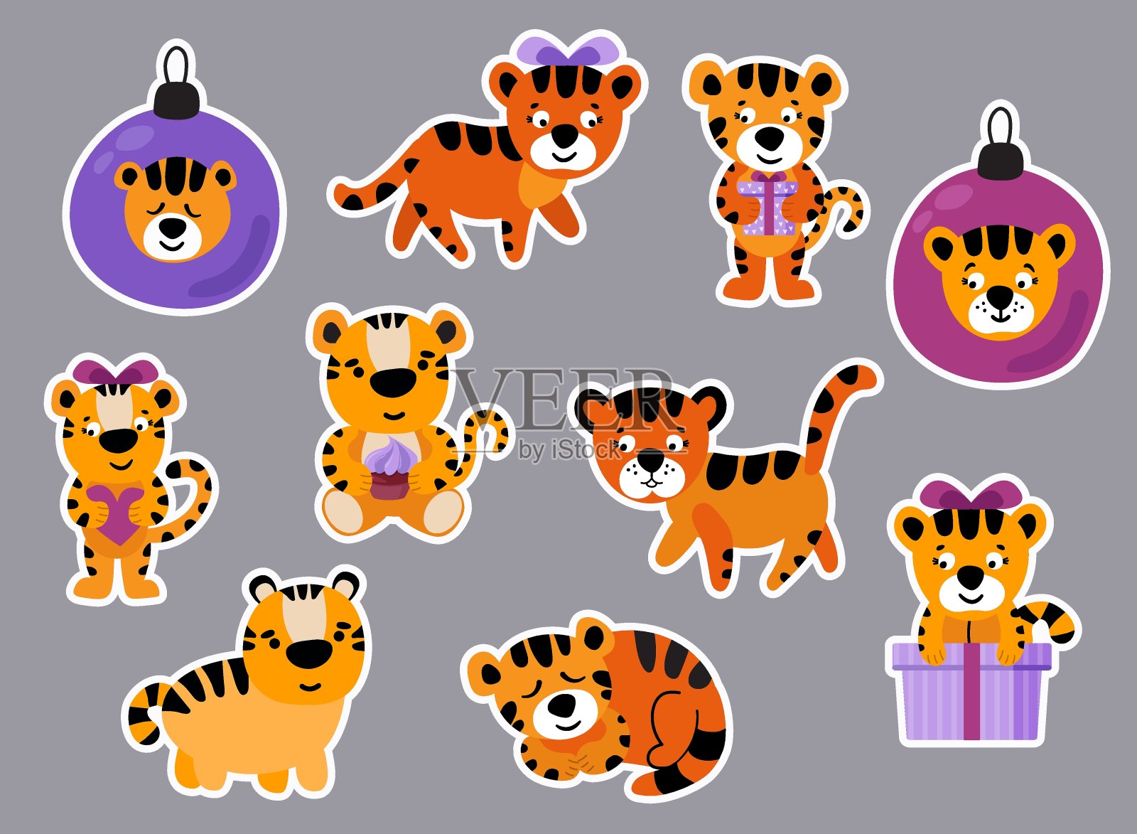套贴纸与老虎幼崽。插画图片素材