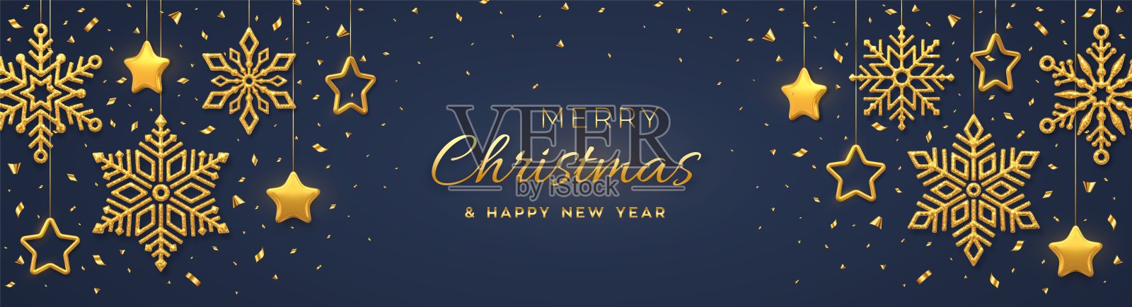 圣诞蓝色背景悬挂着闪闪发光的金色雪花和3D金属星星。圣诞贺卡快乐。节日圣诞节和新年海报，网页横幅。矢量插图。设计模板素材