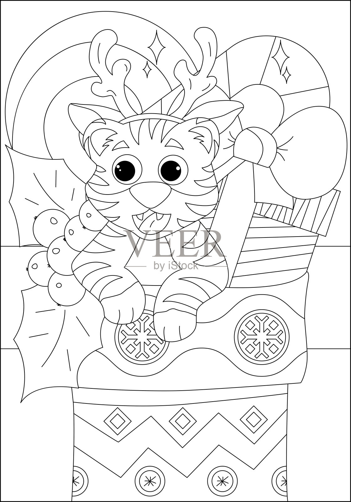 一只可爱的小老虎坐在圣诞袜里，里面装着礼物和糖果插画图片素材