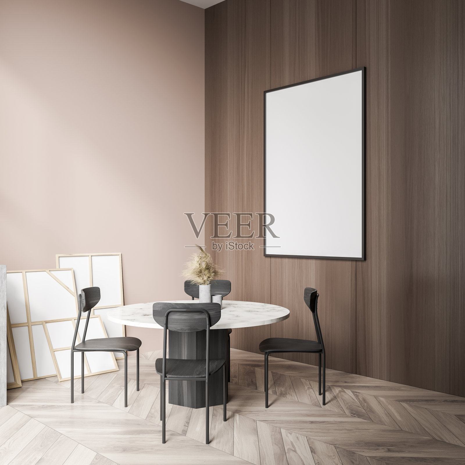 米色客厅的木墙上有帆布和桌子。角落里的观点。照片摄影图片