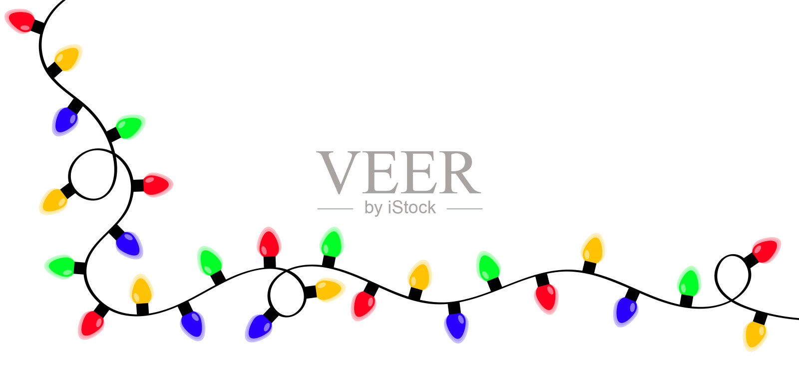 圣诞灯。装饰的角落。五彩缤纷的弦仙灯。卡通节日节日圣诞节装饰。灯泡发光的花环线。彩虹的颜色。平面设计。孤立。白色背景。插画图片素材