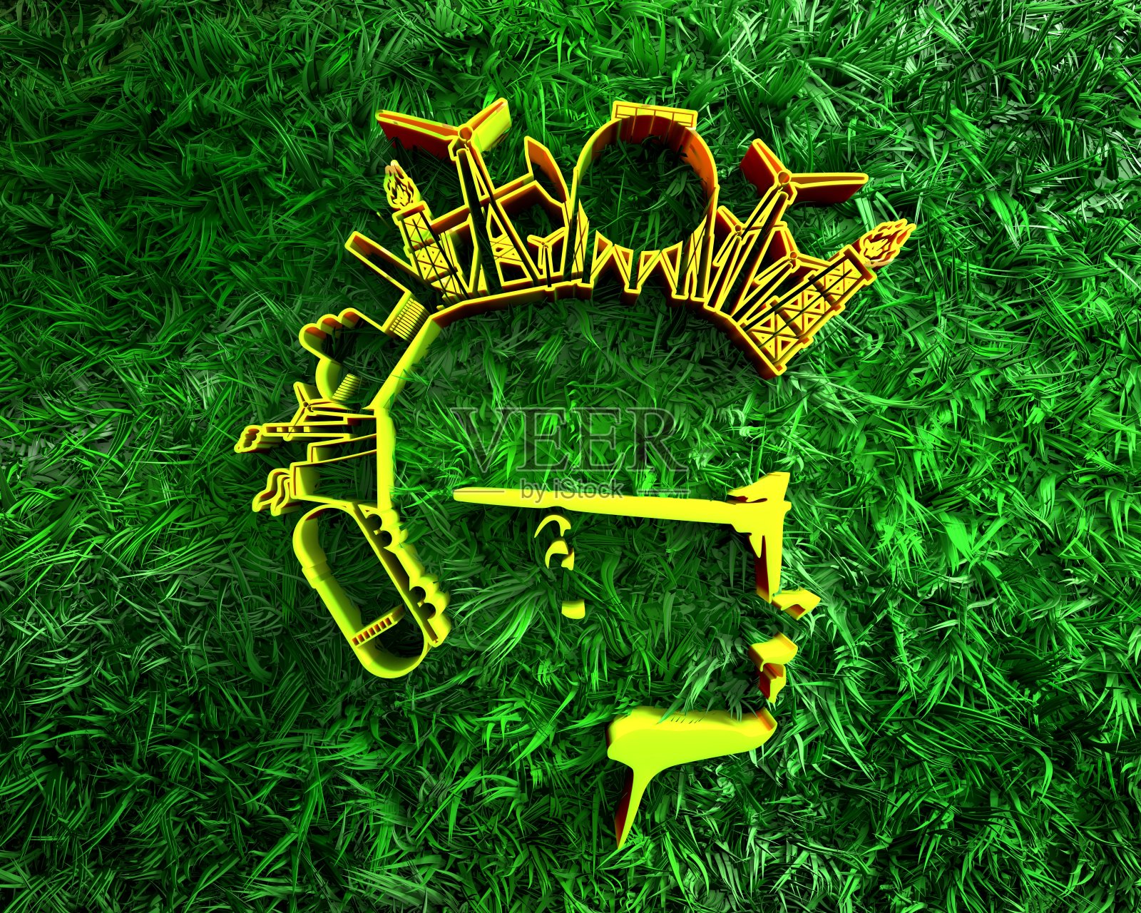 头有工业图标，头有清新的春草。照片摄影图片