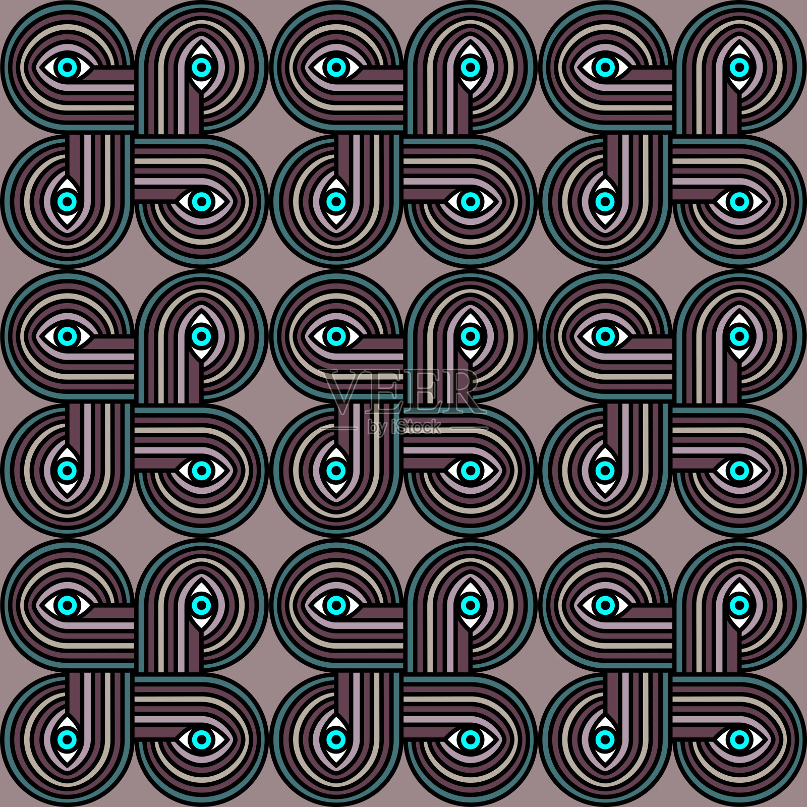 无缝抽象图案与明亮的蓝色眼睛。向量神秘的黑色点缀在柔和的粉红色背景中流行的颜色。现代的图形模式。插画图片素材