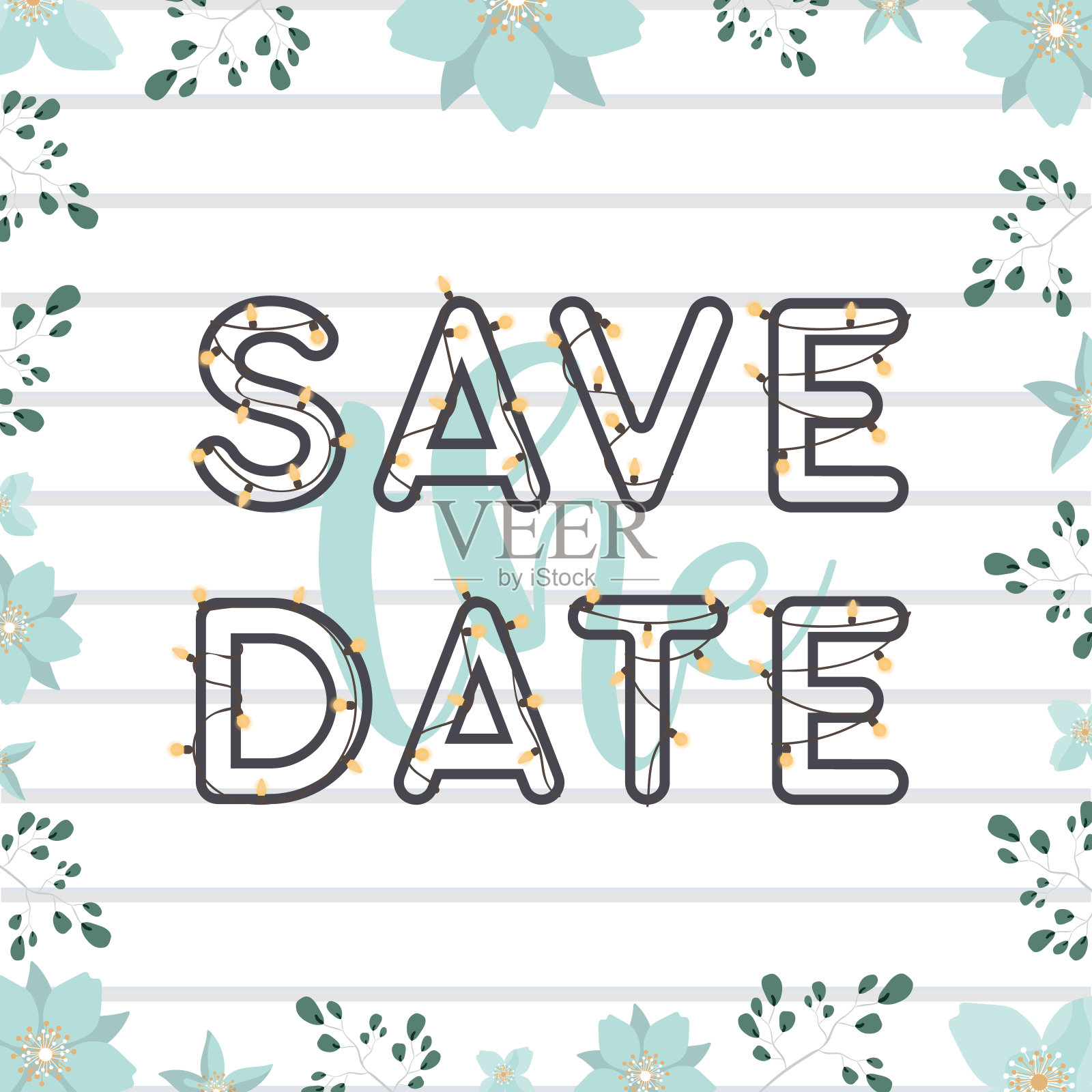 保存日期广场横幅。由花和叶组成的框架。用花环和灯泡刻字。向量。插画图片素材