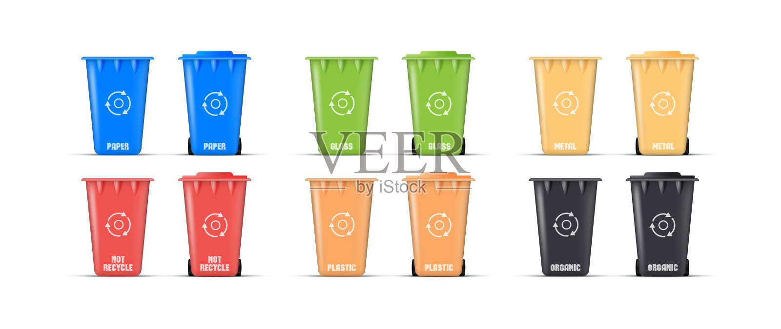 多色的垃圾桶。一套现实的垃圾桶。三维向量。设计元素图片