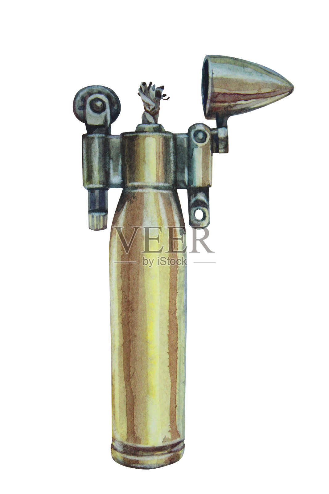 水彩手绘青铜子弹打火机跟踪者孤立在白色背景。为战争，生存，旅行，军事，军队，野营，贴纸，男人素描本，武器的创意剪纸插画图片素材