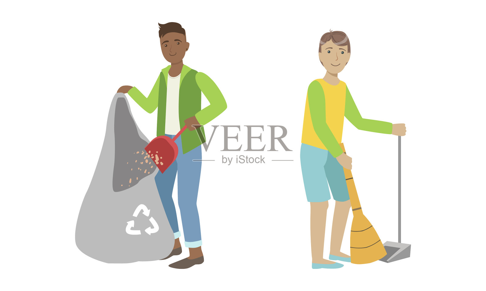 年轻人志愿用袋子收集垃圾插画图片素材