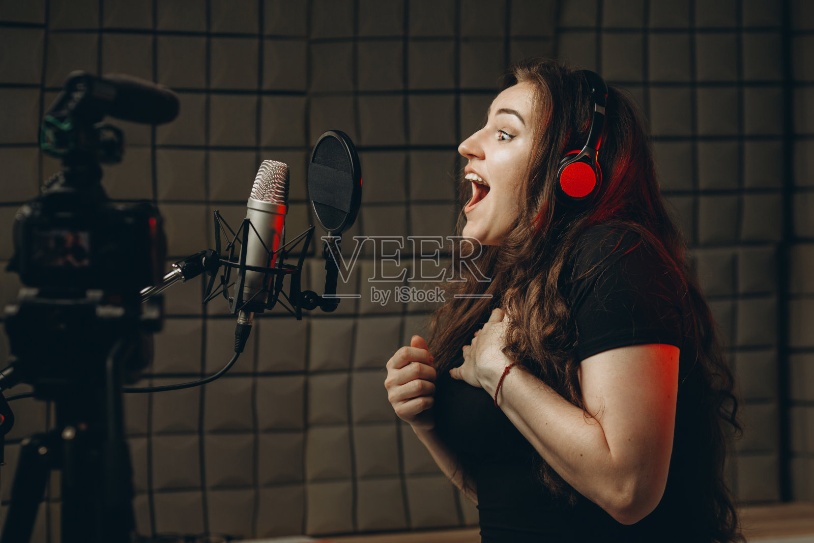 有魅力的女博主谈论专业配音和配音，她为她的在线视频博客或一些辅导课录制了相关视频。女人用三脚架上的专业相机为观众录制感兴趣的内容照片摄影图片