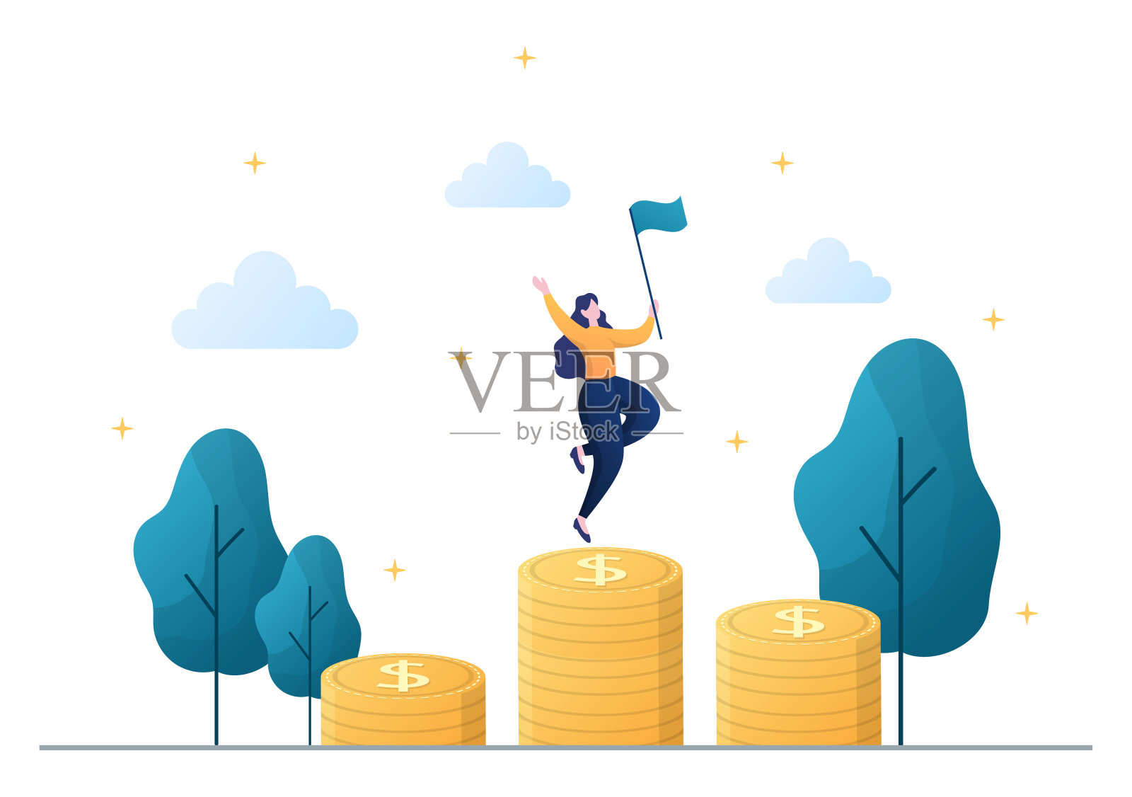 投资财务成功自由平面矢量插图。商人通过理财或储蓄硬币来增加资本和利润插画图片素材