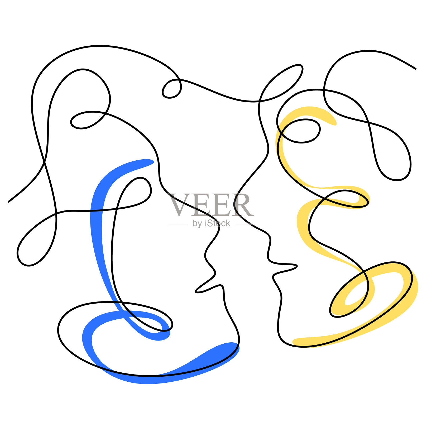 一幅女人和男人的脸的连续线条画插画图片素材