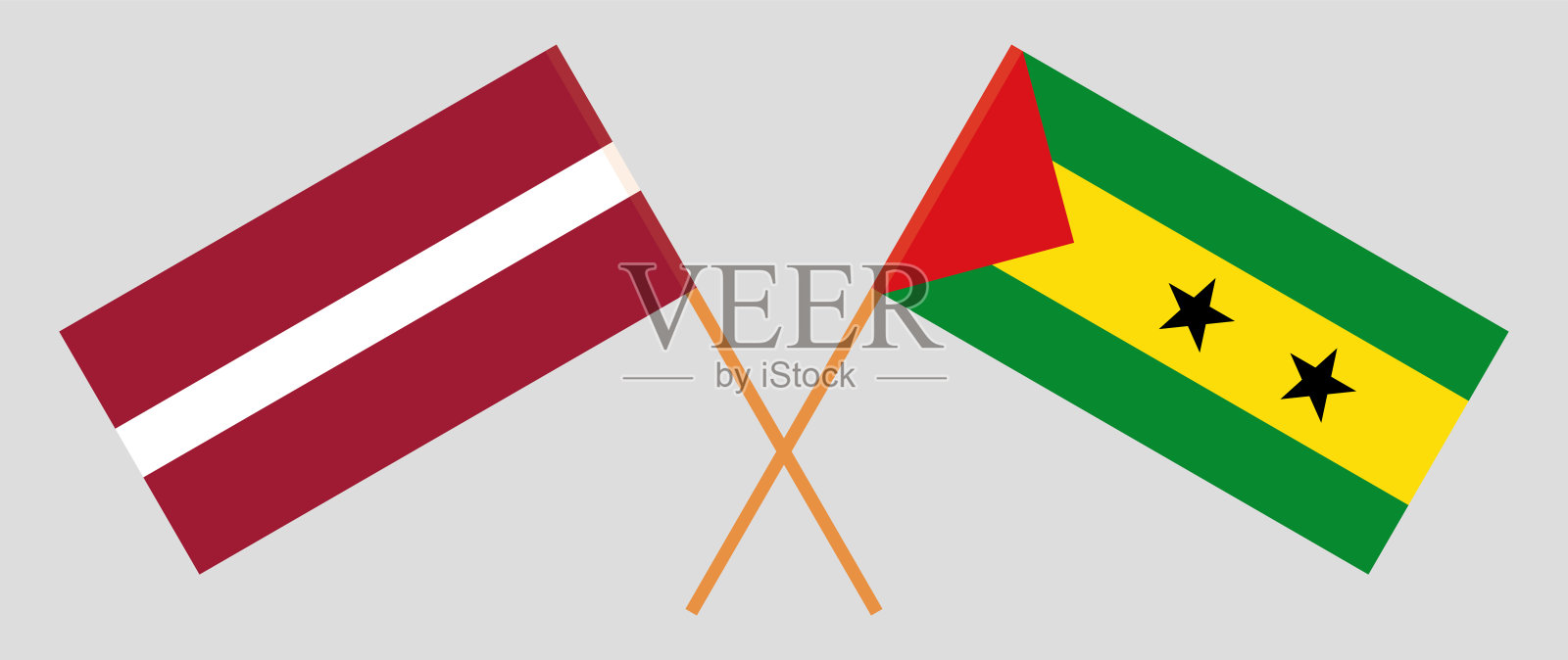 拉脱维亚和圣多美及普林西比的交叉旗帜。官方色彩。正确的比例设计元素图片