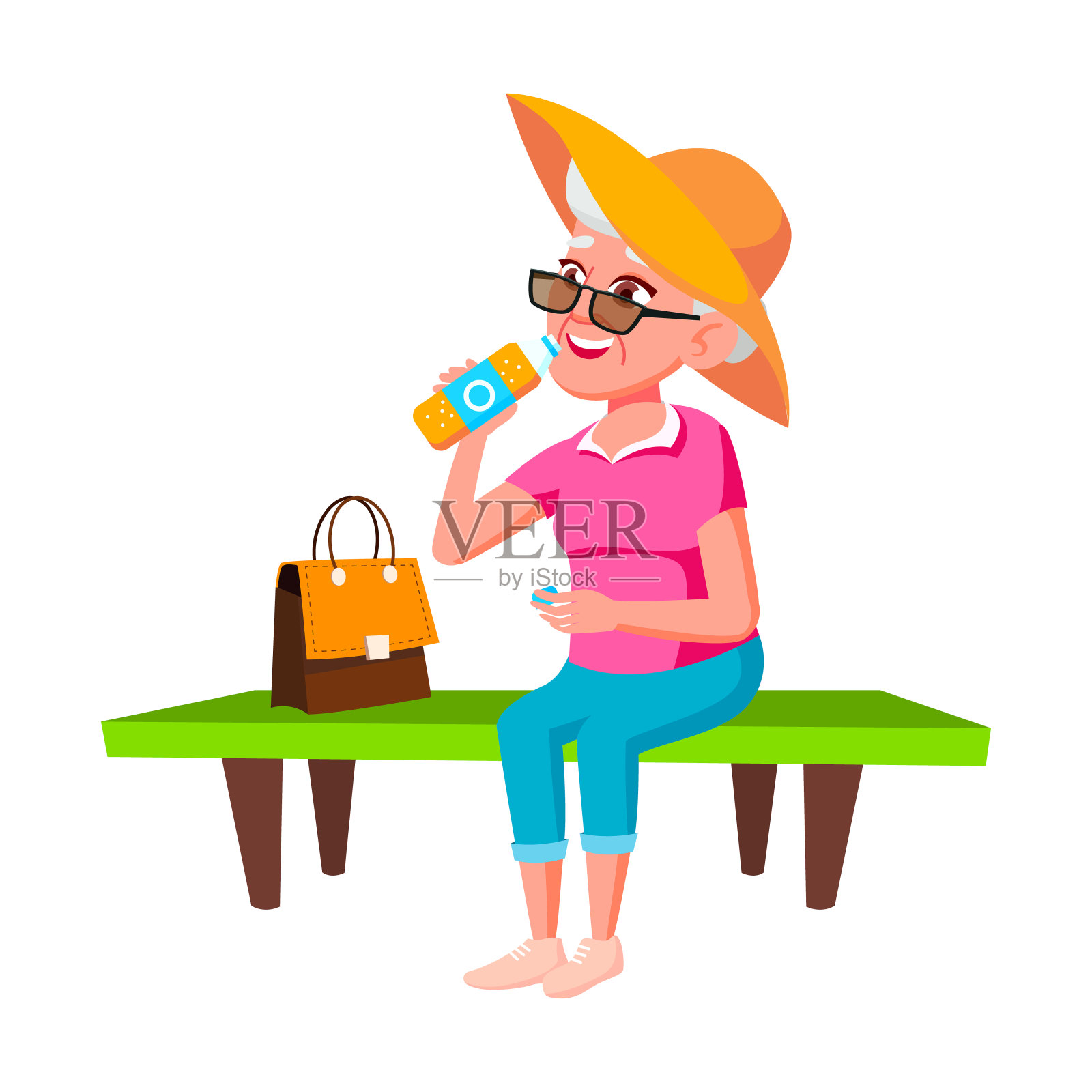 在公园向量喝苏打水的老妇人插画图片素材