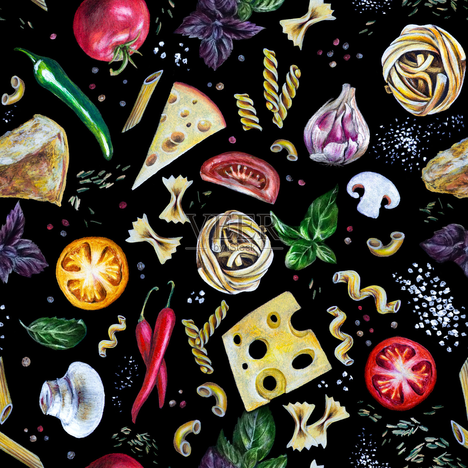 手绘无缝模式。意大利通心粉，配番茄，芝士，罗勒，香料。对于厨房、食品递送传单或餐厅菜单或纺织织物桌布、餐巾纸设计的伟大想法插画图片素材