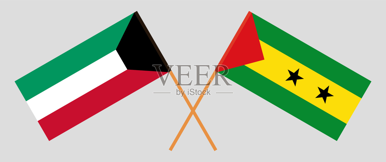 科威特、圣多美和普林西比的交叉旗帜。官方色彩。正确的比例设计元素图片