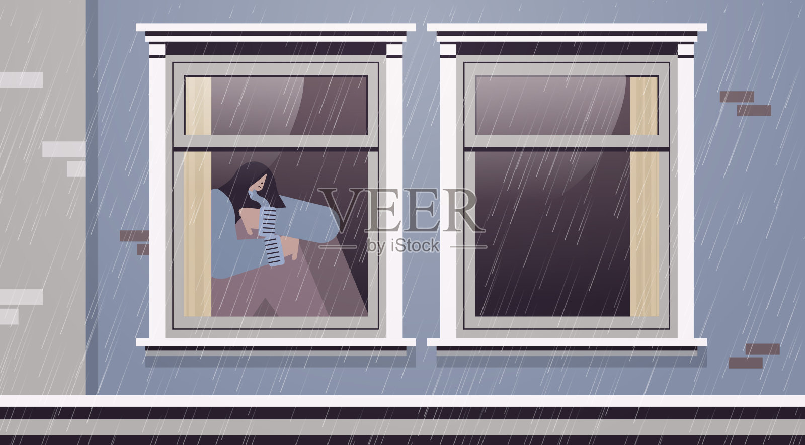 沮丧的女人看着窗外，思考问题插画图片素材