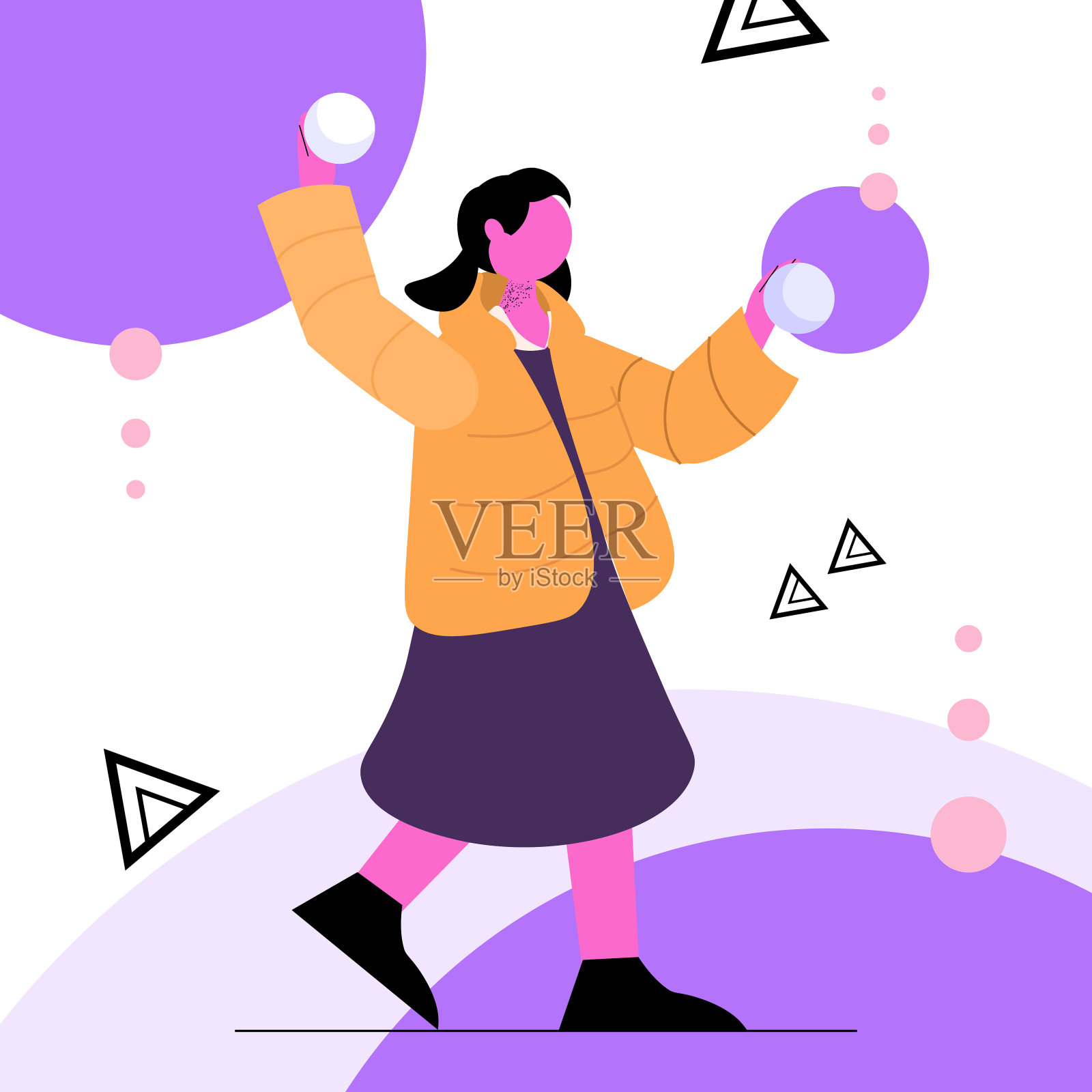 孩子玩雪球小女孩做冬季活动圣诞节新年假期庆祝概念插画图片素材