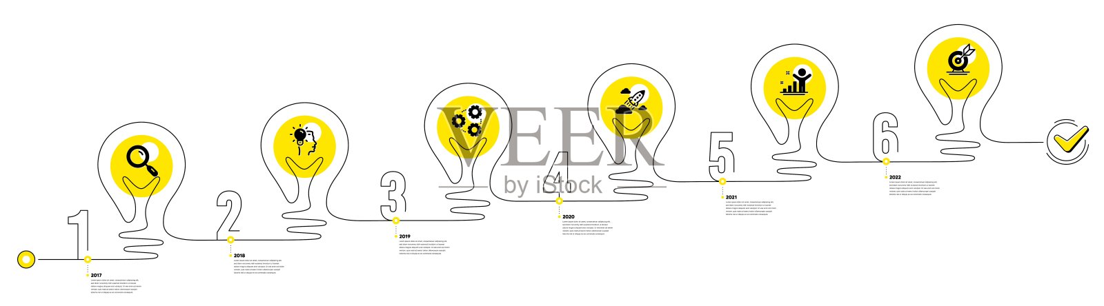 业务信息图6步时间表。工作流程与研究想法，工作，启动和目标的目标图标。向量插画图片素材