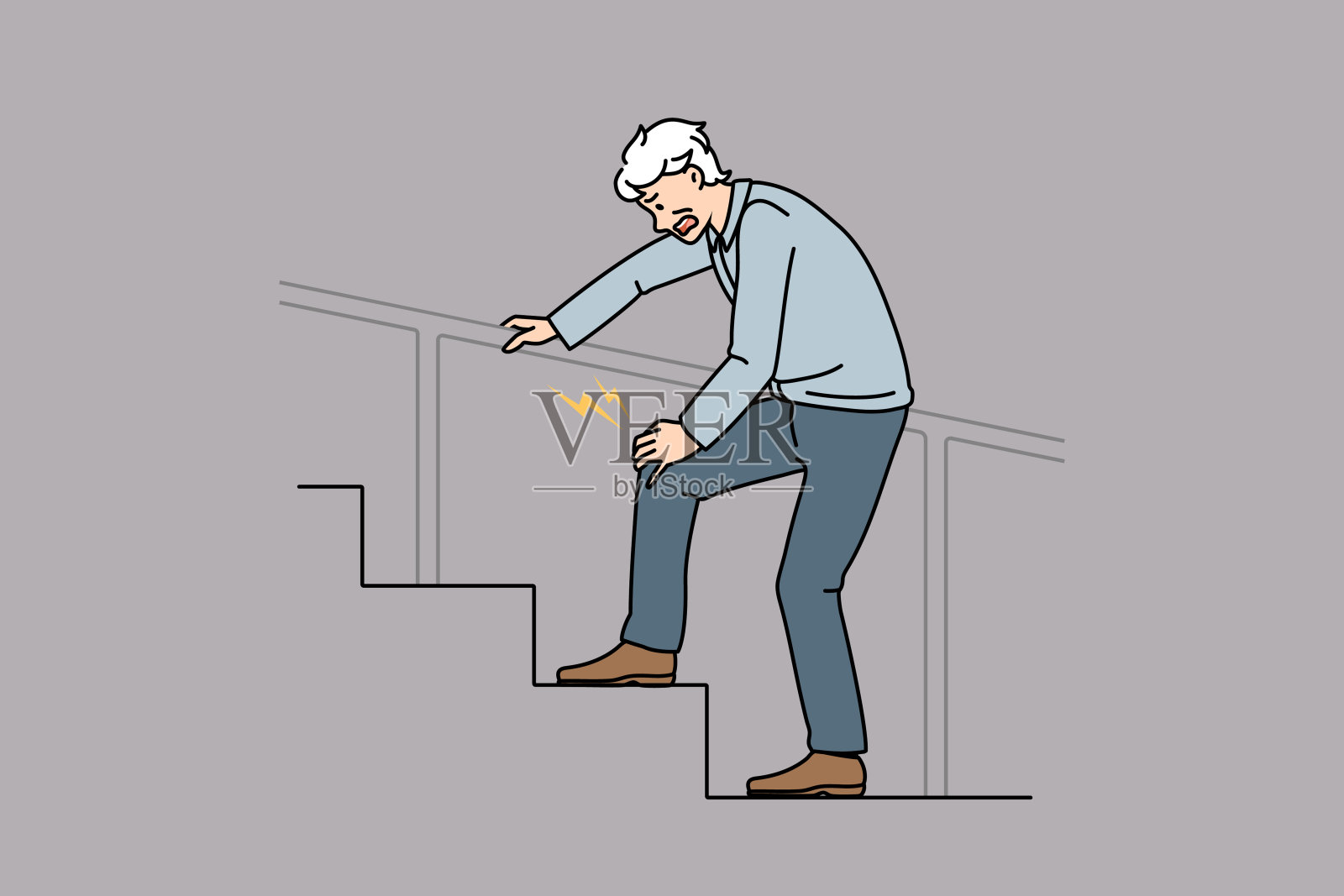 不健康的人走楼梯时膝盖疼插画图片素材