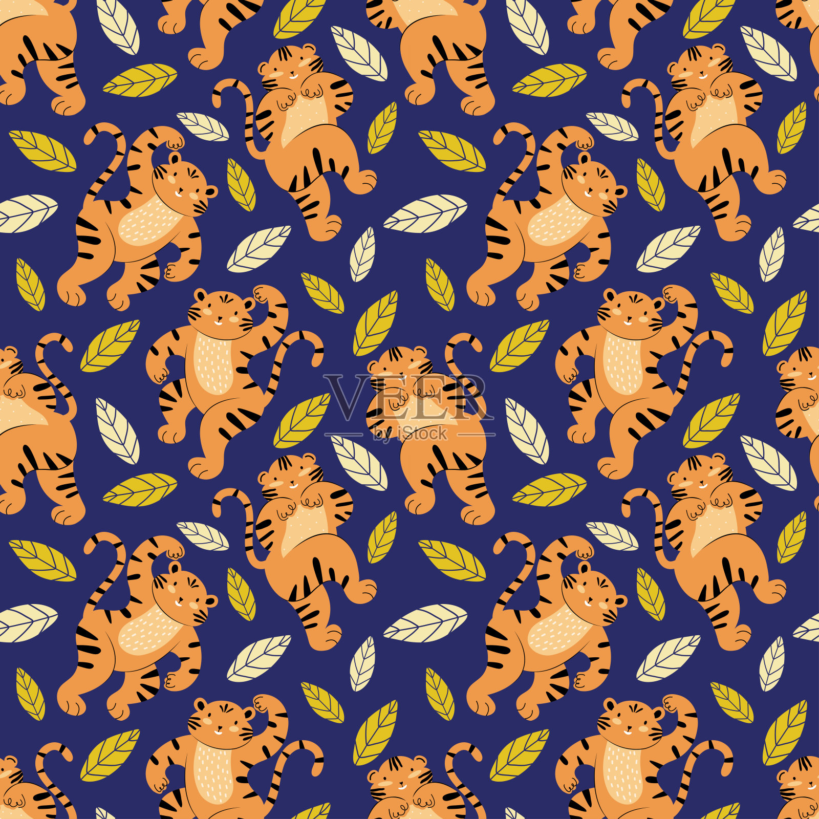 可爱的老虎在热带树叶之间无缝的图案向量。蓝色背景上的橙色条纹野猫。五颜六色的儿童插图与卡通动物。设计明信片，横幅，网页，打印插画图片素材