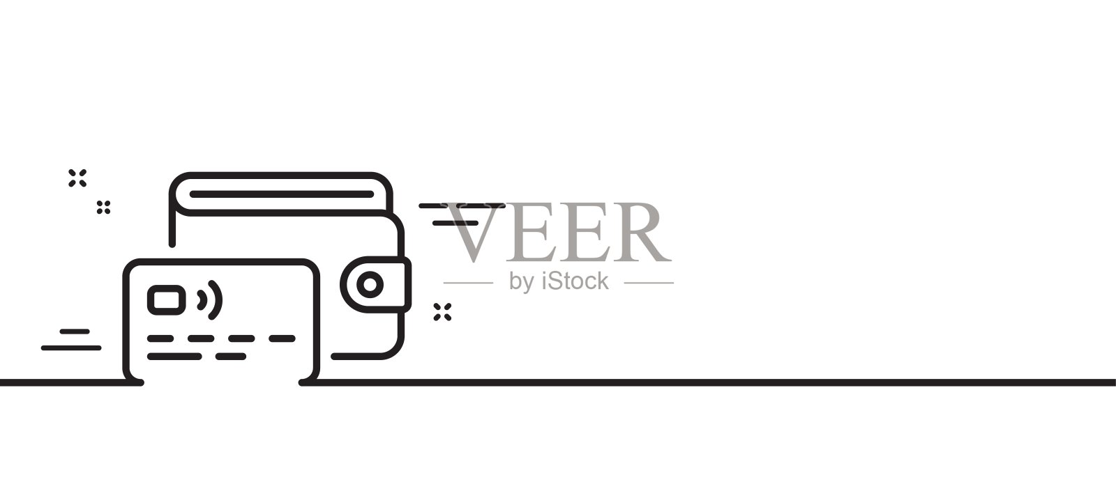 钱包行图标。钱包上有信用卡签名。最小线模式横幅。向量插画图片素材