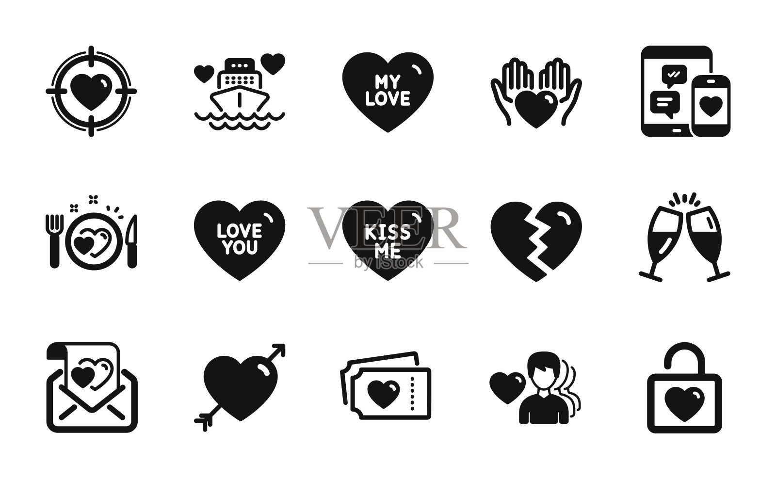 向量集婚礼储物柜，社交媒体和吻我图标简单集。向量图标素材