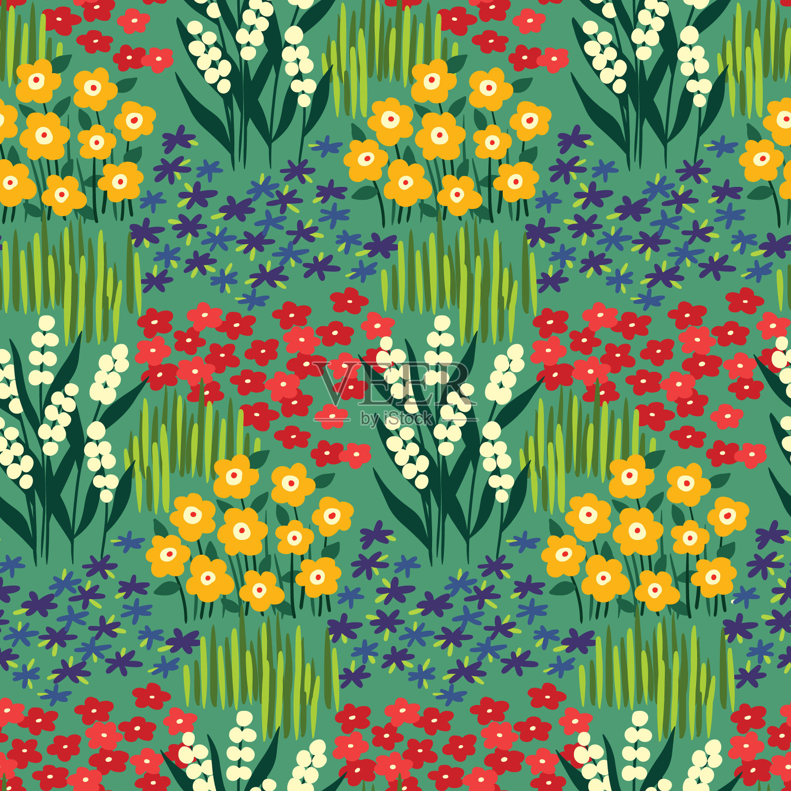 与开花草地无缝的格局。花卉背景与连续的景观。由简单的手绘植物组成:小花、各种叶子和草本植物。向量花卉图案。插画图片素材