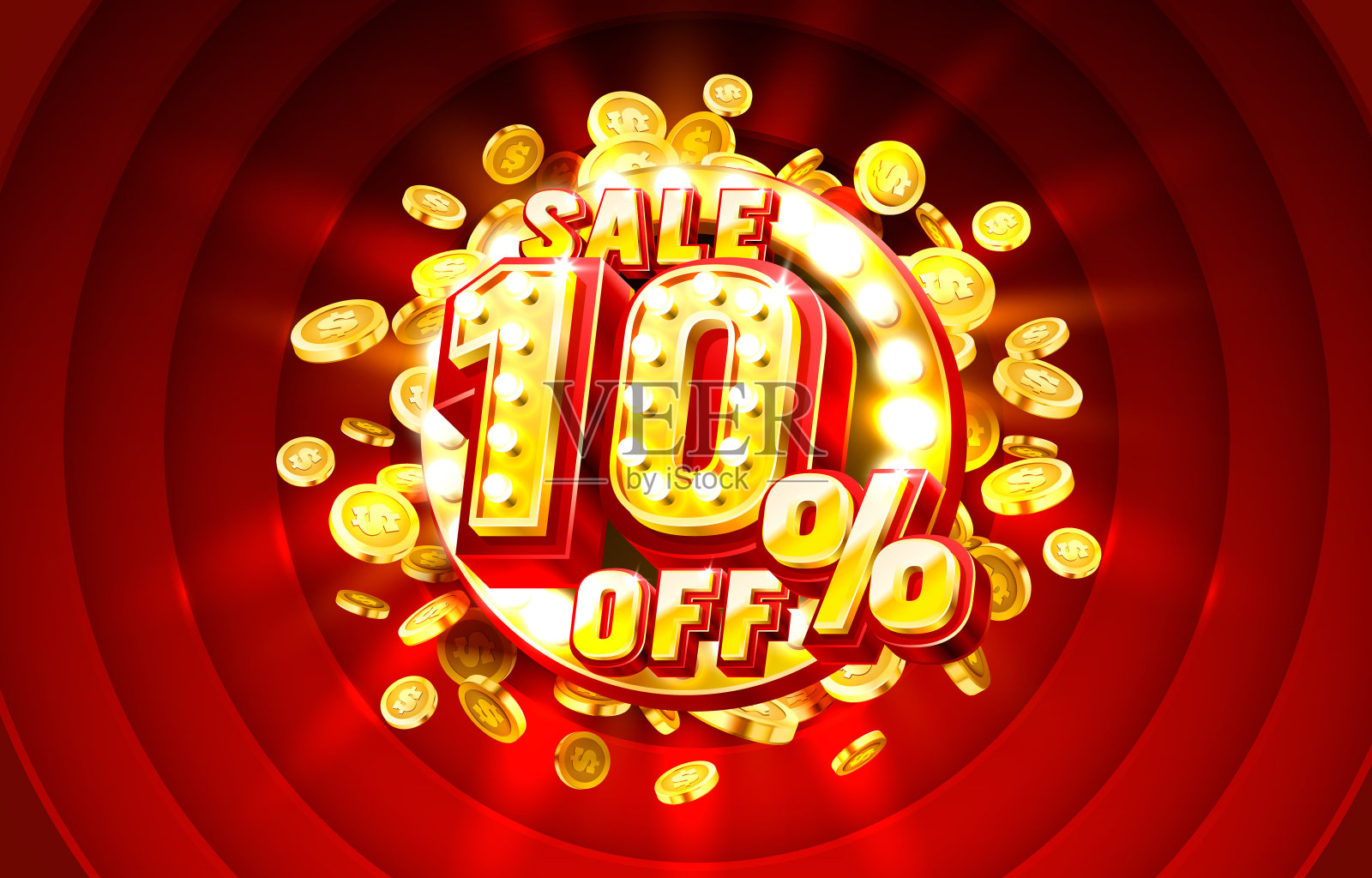 场景黄金10大减价文本横幅。晚上的迹象。向量设计元素图片