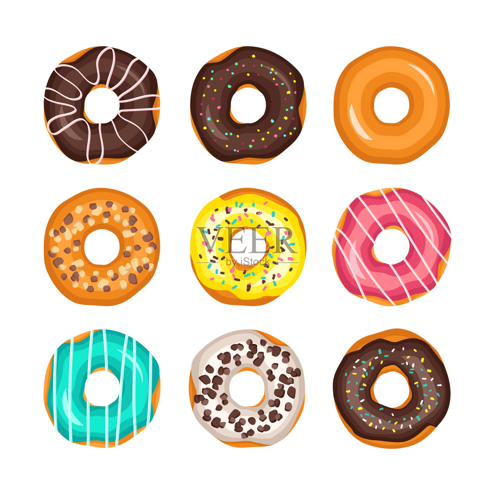 套彩色釉面甜甜圈与巧克力，糖屑和坚果设计元素图片