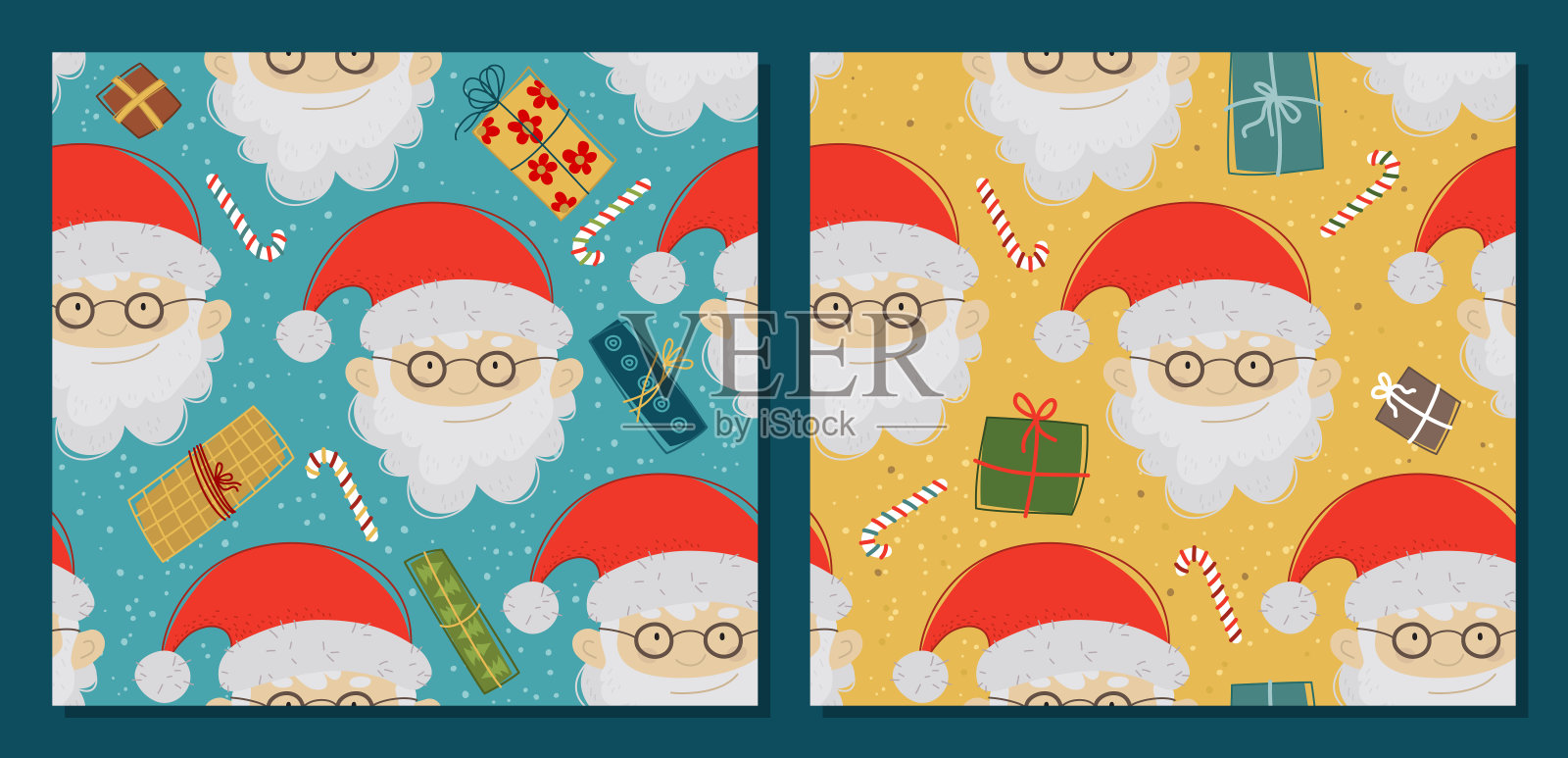 卡通圣诞老人与礼物-矢量集无缝的圣诞节模式。设计模板素材