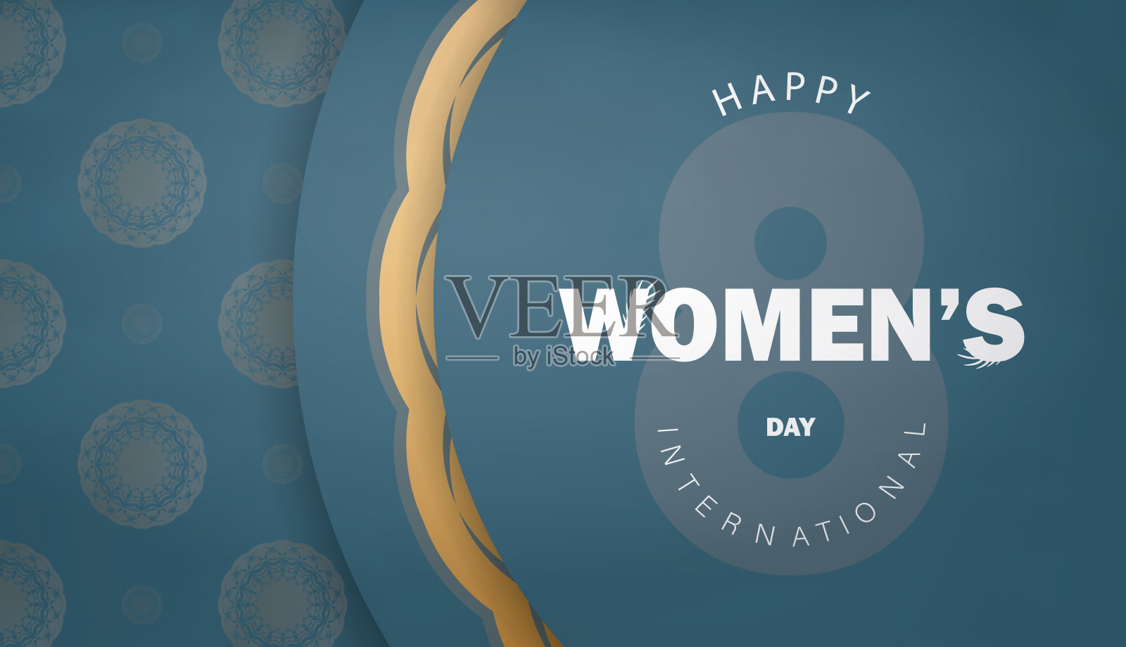 节日宣传册:三八国际妇女节蓝色与抽象金色图案插画图片素材