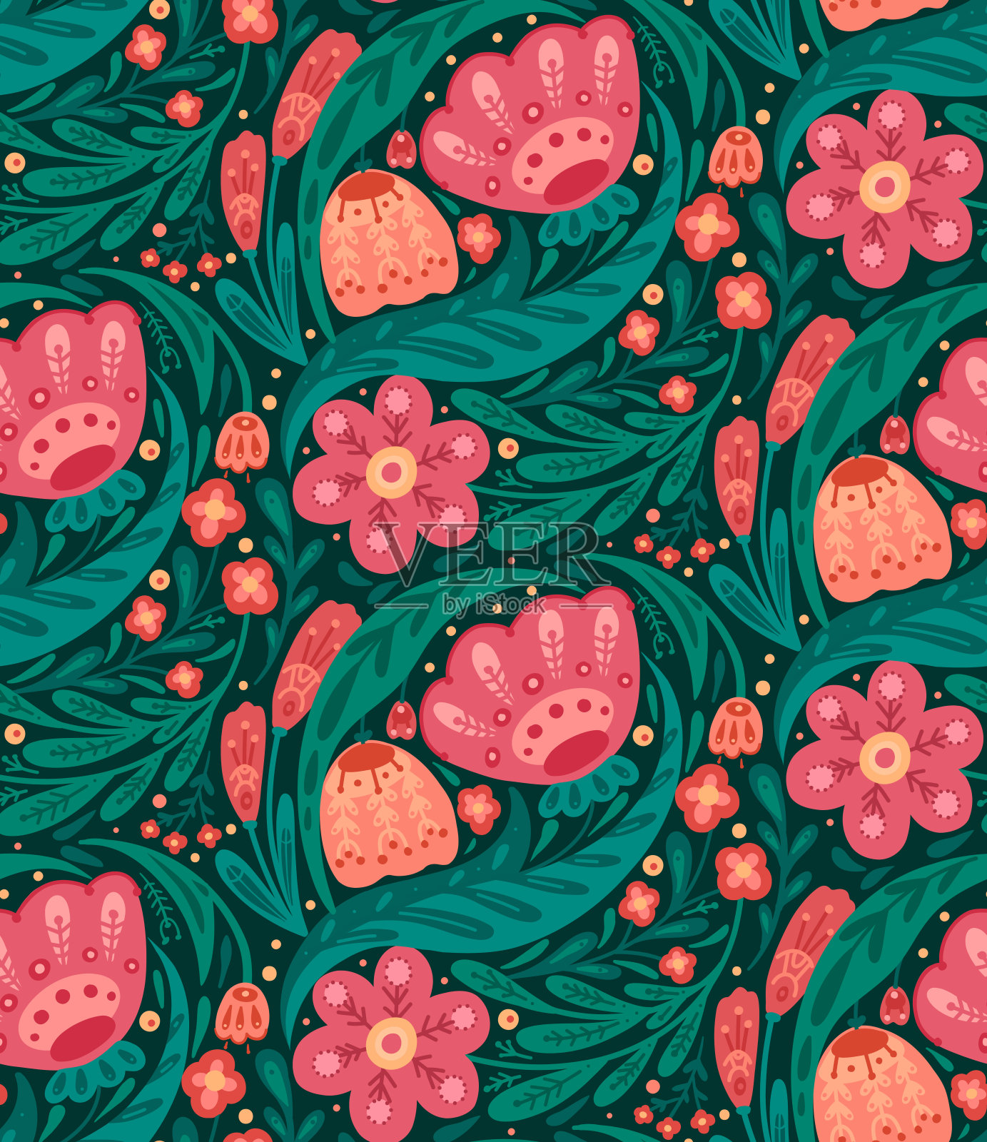 无缝花卉图案与民间装饰在绿色背景。纹理与花朵和叶子与天真的装饰。向量自然壁纸与植物刺绣。插画图片素材