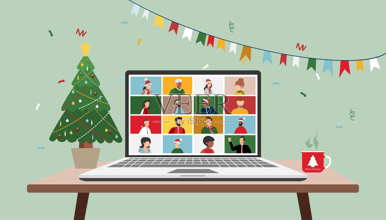 人们祝愿圣诞快乐和新年快乐。2022年通过视频电话或网络会议庆祝节日和赠送礼物。向量插画图片素材