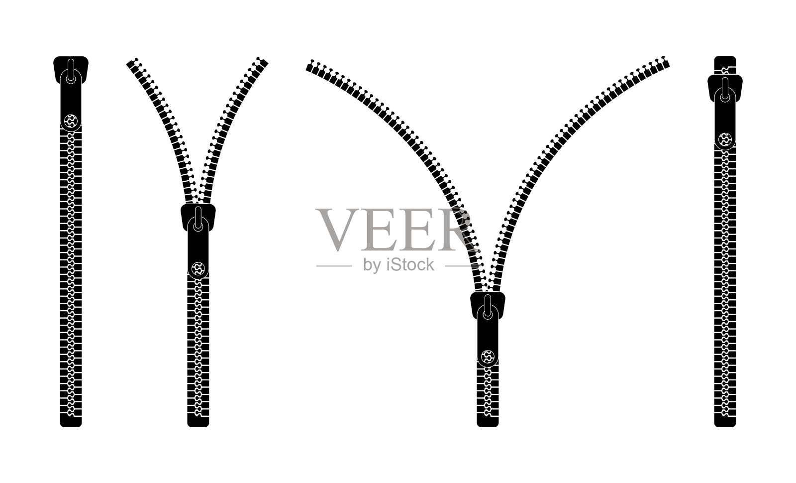 邮政图标。包，夹克和衣服的拉链。打开和关闭衣服的扣件。拉开锁齿，拉开拉链。紧固件的口袋里。纺织和皮革的时尚配件。向量插画图片素材