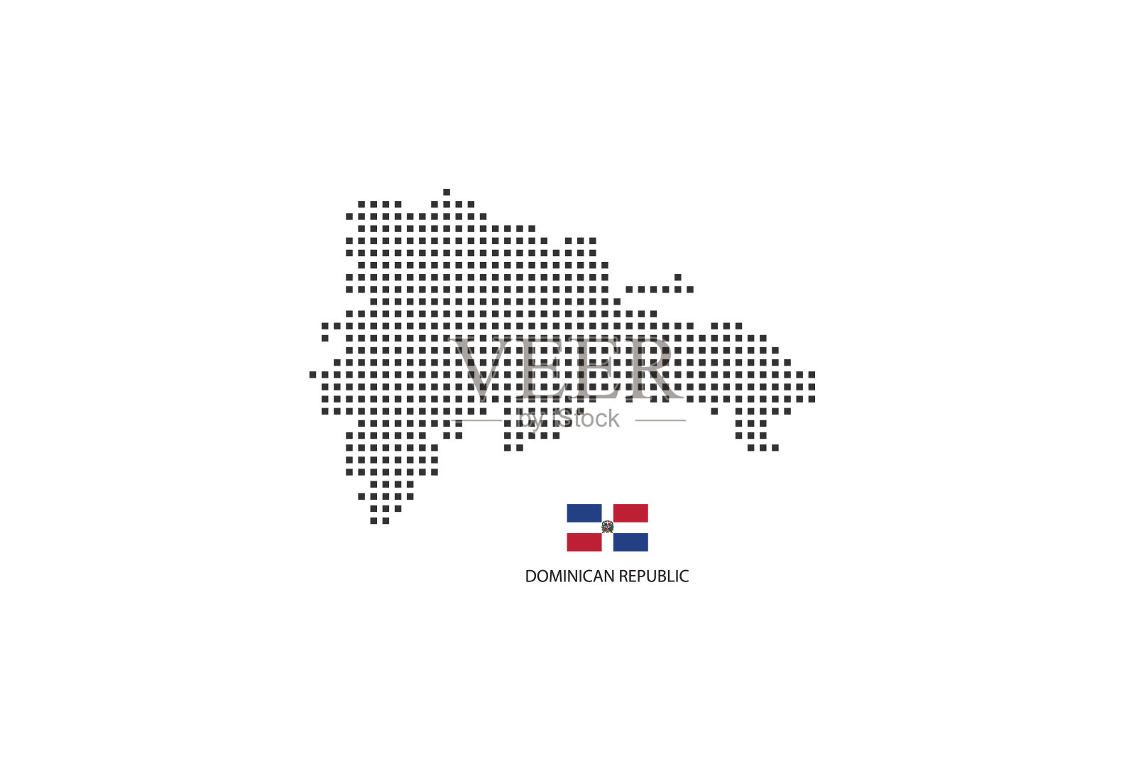 向量正方形像素点地图的多米尼加共和国孤立在白色背景与多米尼加共和国国旗。插画图片素材