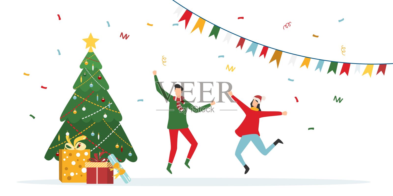 圣诞和新年公司聚会上快乐的人们。积极的男人和女人跳舞，享受乐趣。现代矢量字符集。插画图片素材