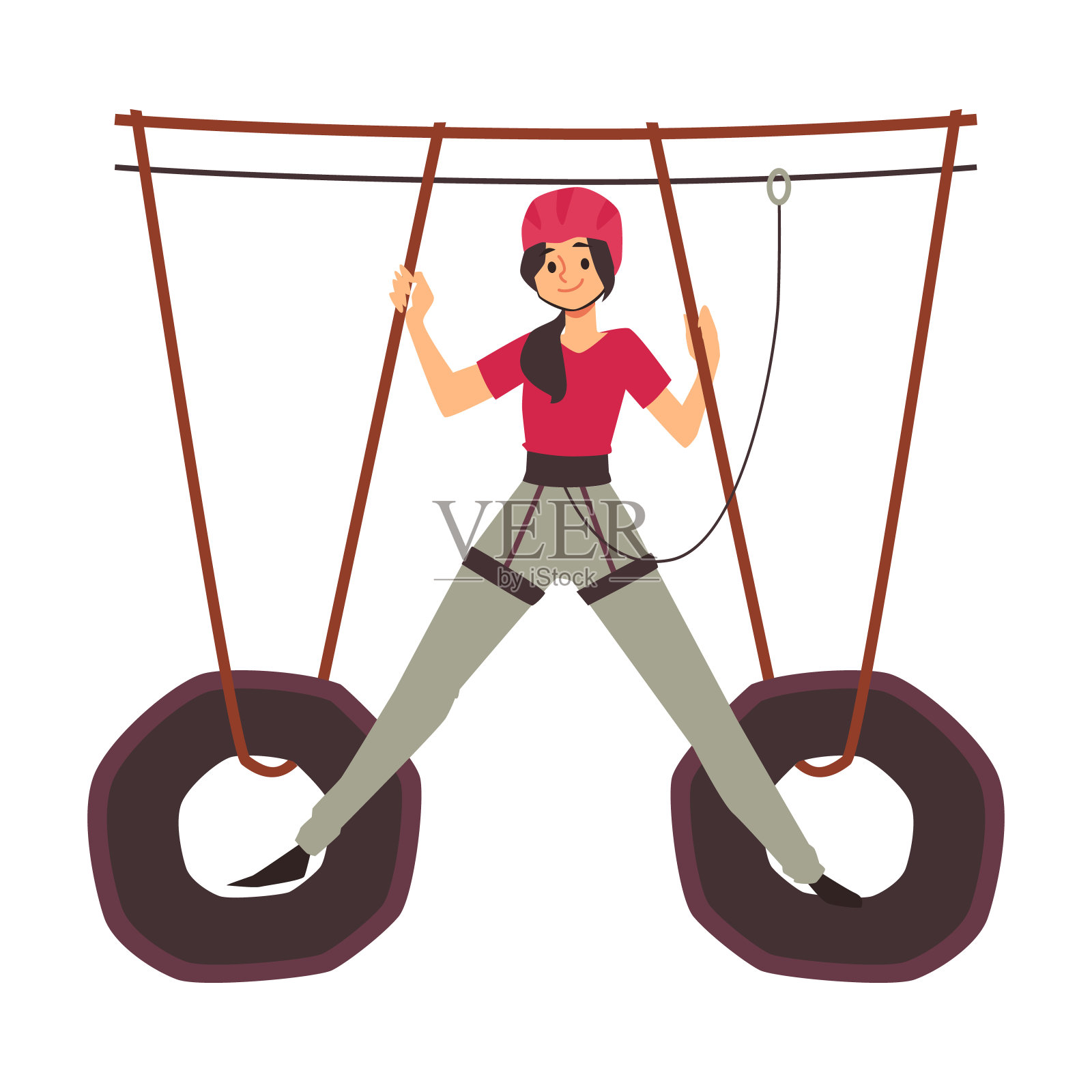 女子在安全设备战胜绳公园，矢量插图孤立。插画图片素材