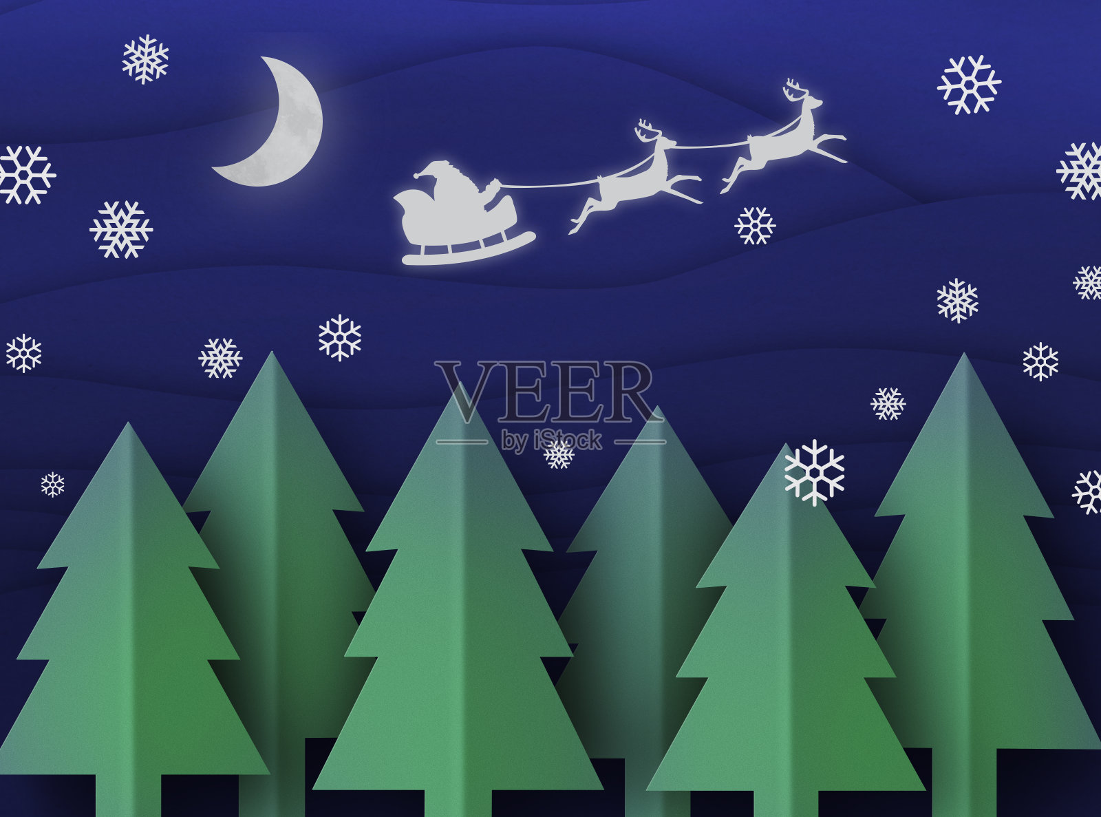 圣诞老人驾着雪橇在树上飞过照片摄影图片