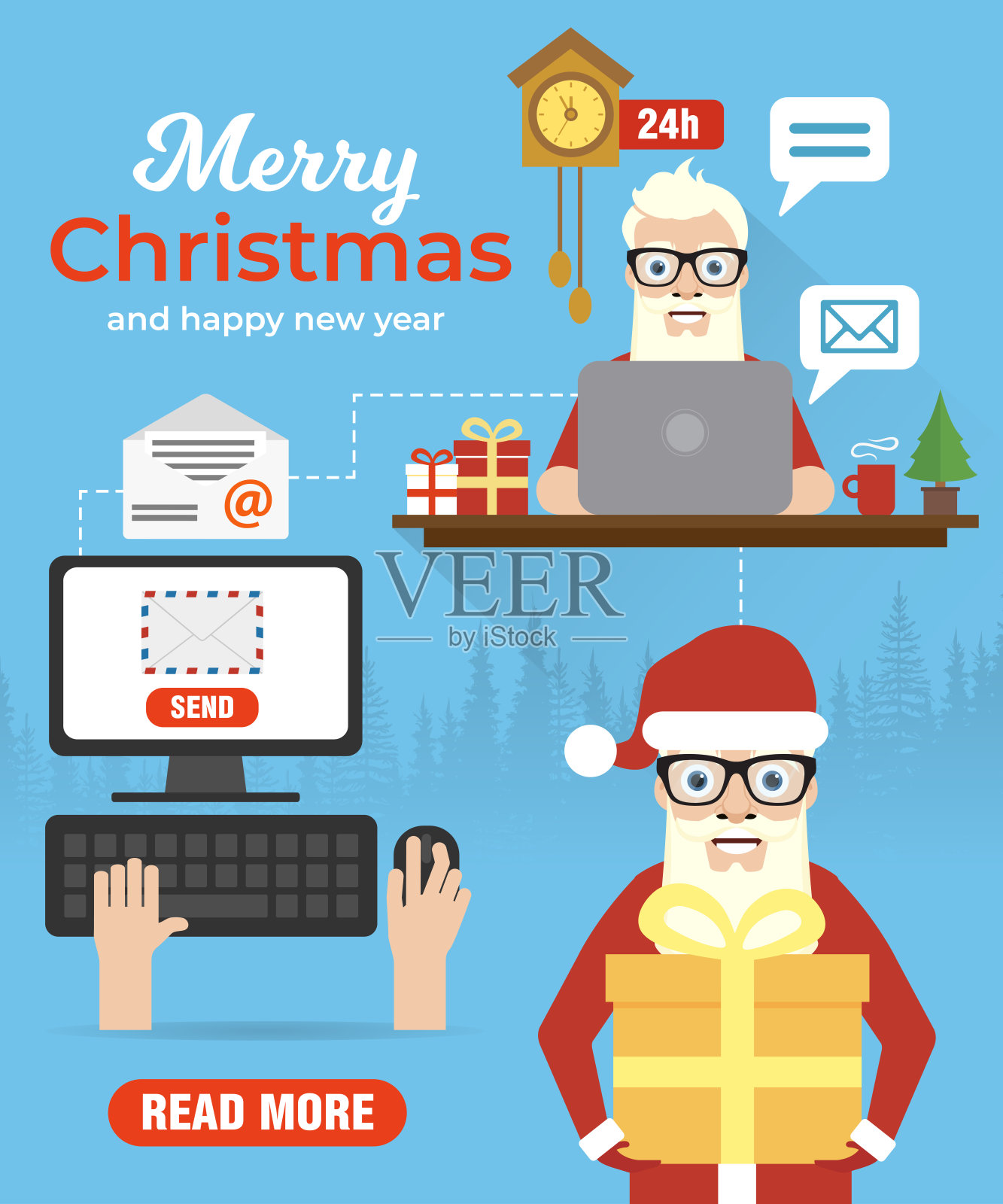 圣诞快乐新年好主题设计（扁平风格，含圣诞老人、圣诞邮件、在线祝福元素）插画图片素材