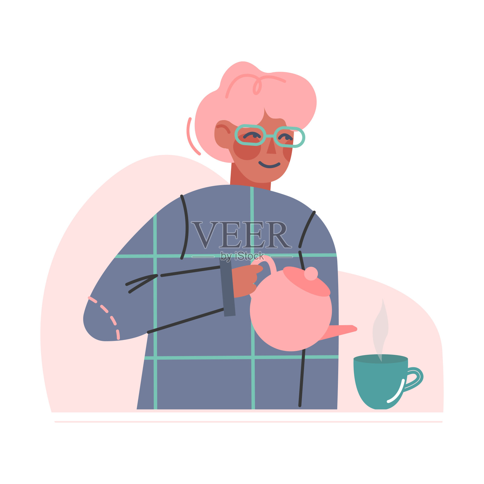 茶时间休息与女人性格茶壶倒热饮在杯子矢量插图设计元素图片