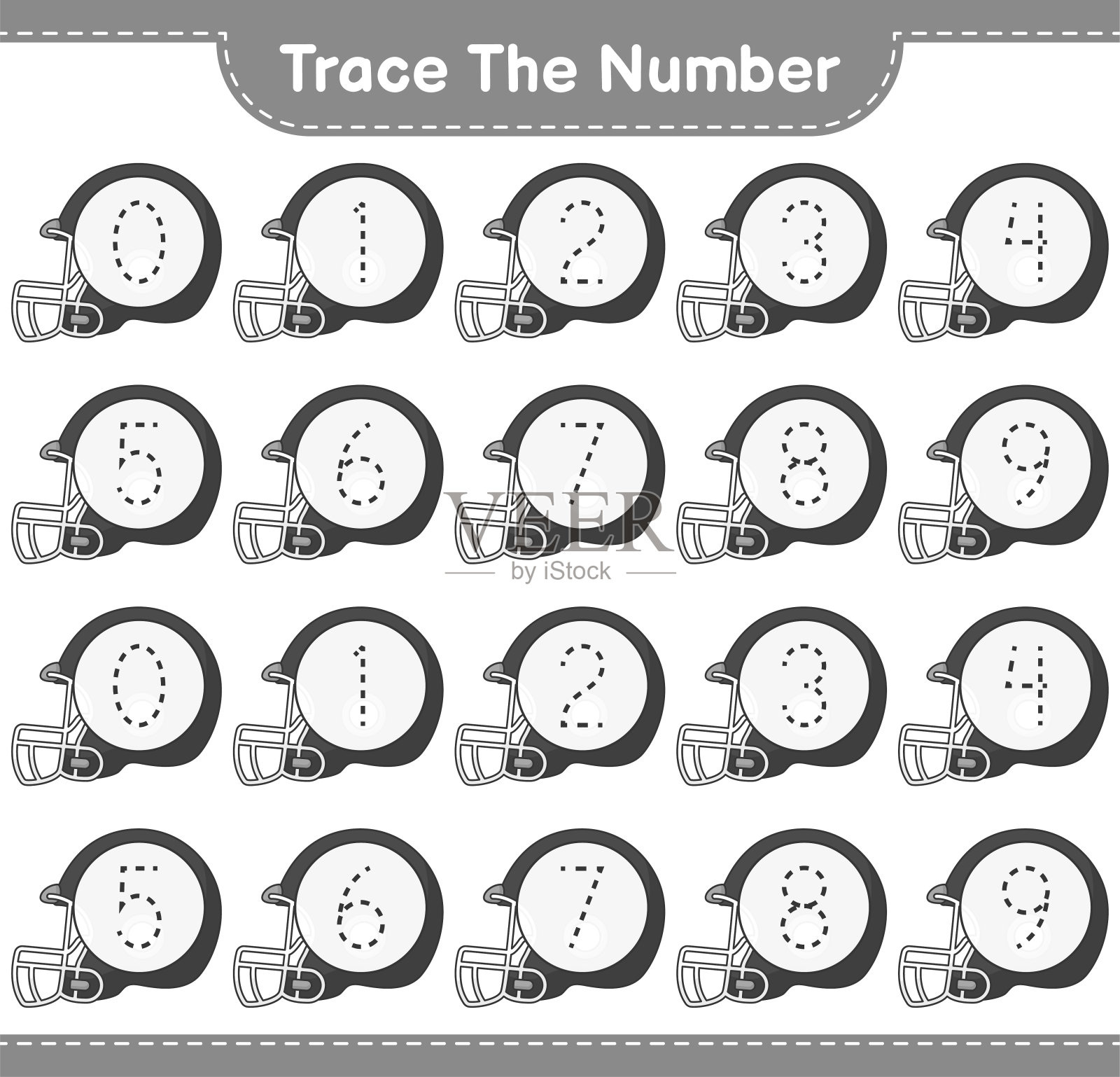 跟踪号码。追踪号码与足球头盔。教育儿童游戏，可打印的工作表，矢量插图插画图片素材