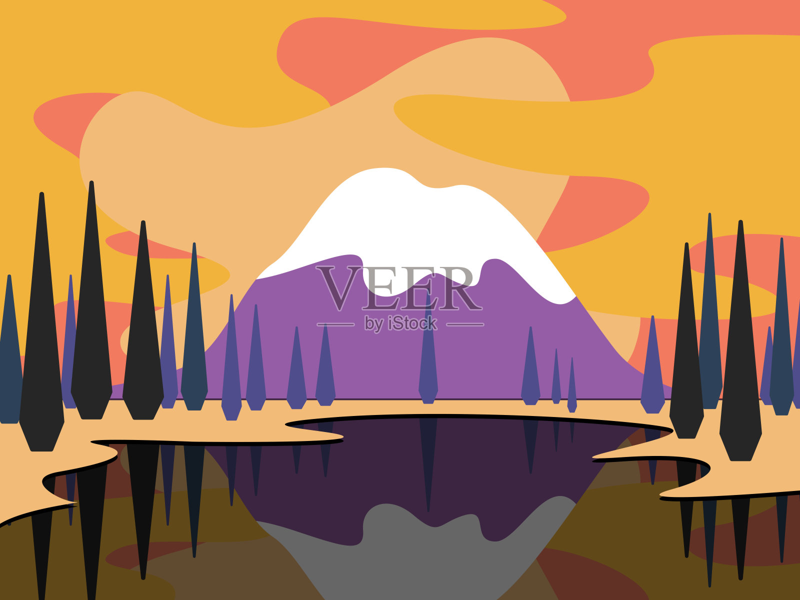 景观有一座山和一个雪峰，翠绿的柏树在湖岸和倒影插画图片素材