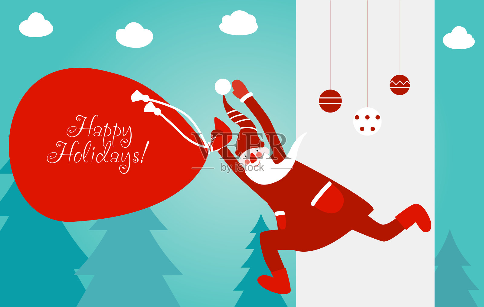 圣诞老人在白色旗帜后面玩得很开心。可爱的圣诞节和快乐的假期矢量插图卡插画图片素材