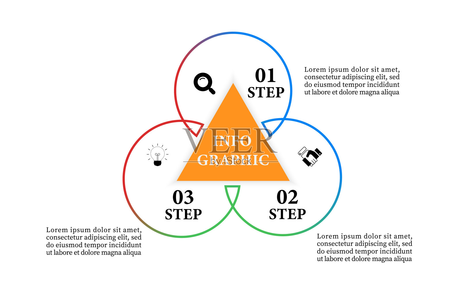 业务信息图形表示三要素。时间线为三角形圆形，有3个步骤或选项。概念规划模板。可用于工作流布局，图表，图表，报表，网页设计。插画图片素材