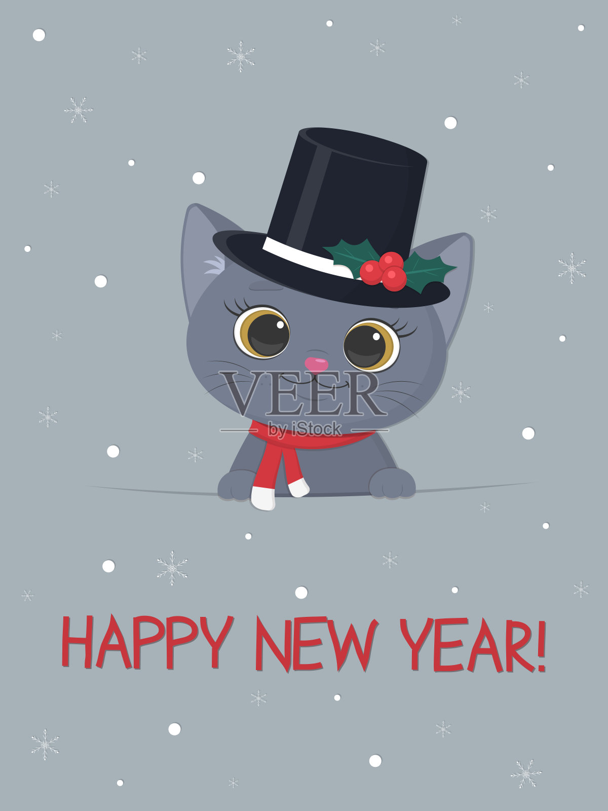 新年快乐圣诞节明信片雪人帽子围巾英国短毛猫雪花背景卡通扁平风格矢量图插画图片素材