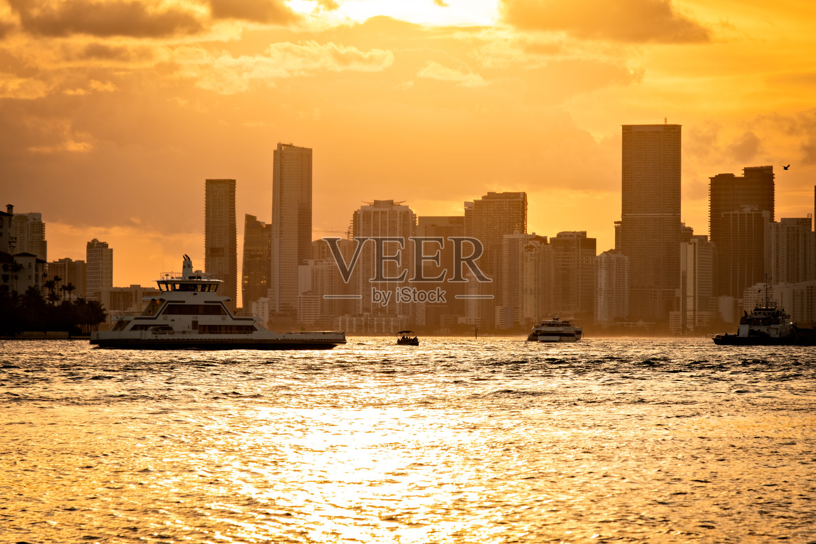 佛罗里达州迈阿密市中心美丽的天际线日落照片摄影图片