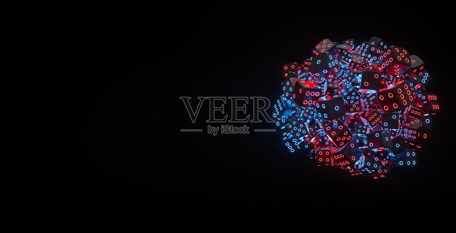 大量的现代黑色和霓虹灯蓝色，红色骰子在黑色的球形- 3D插图照片摄影图片