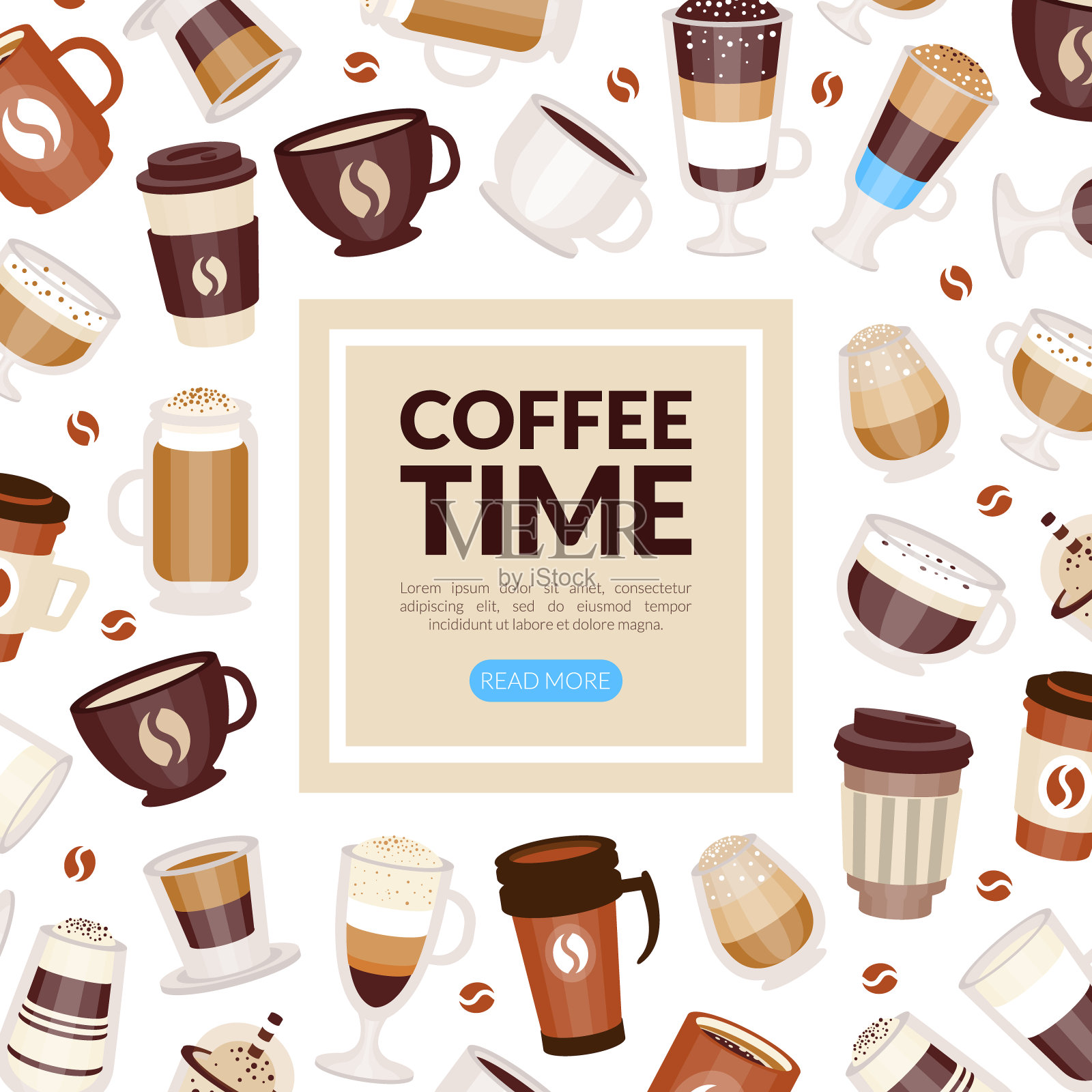 咖啡类型倒在马克杯和杯子矢量方形卡盖模板插画图片素材