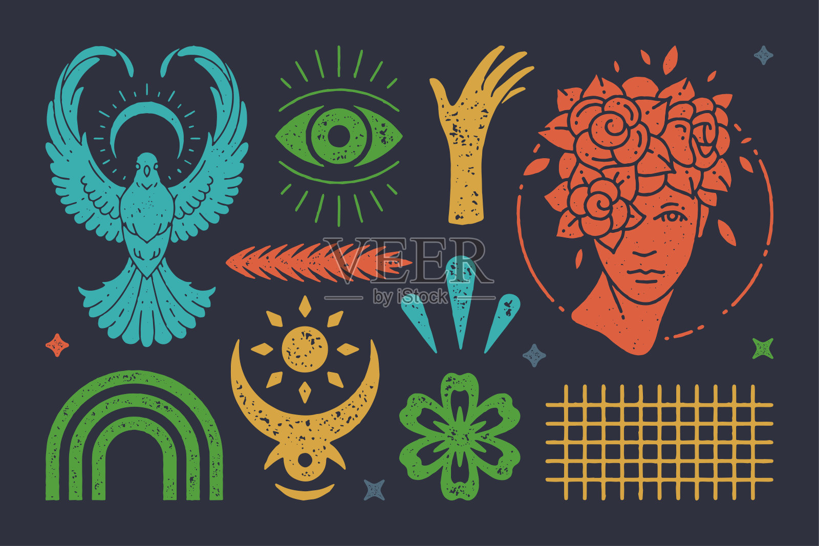 带着波西米亚新月的神秘鸽子起飞。古色古香的女人的头和所有的眼睛。向量的符号插画图片素材