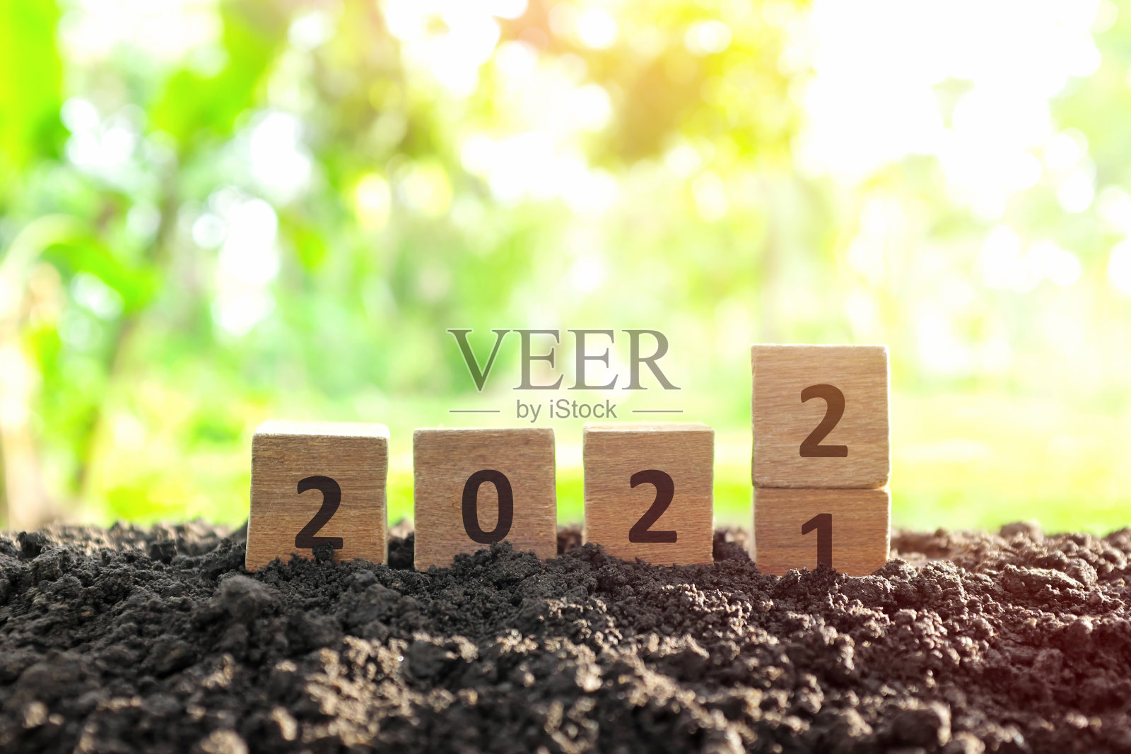 从2021年到2022年，在日出时，木块立方体与生长的植物之间的过渡。新的一年，2022，希望，你好，再见的概念。照片摄影图片