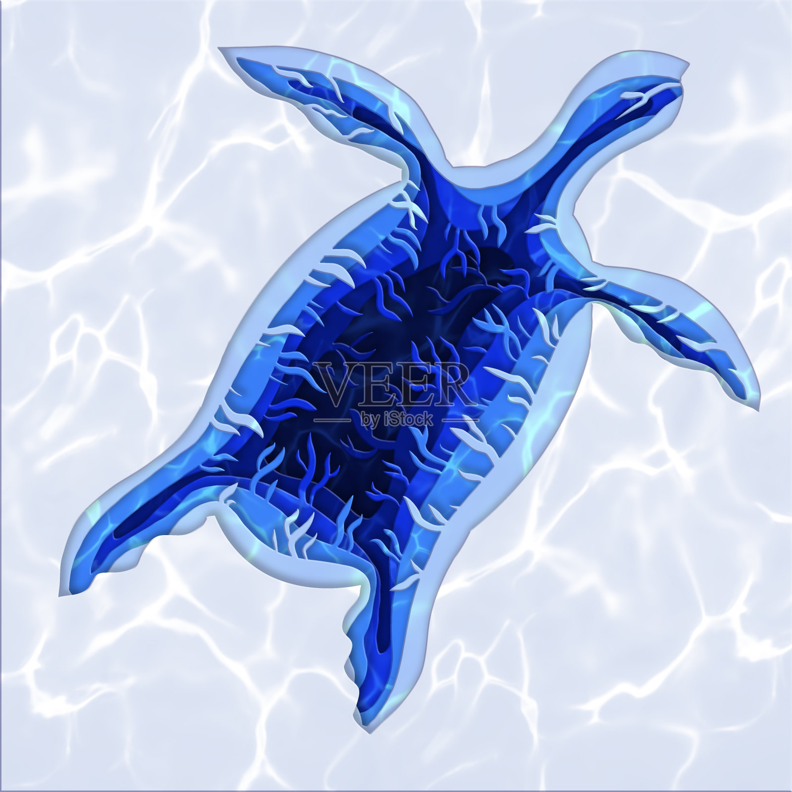 纸艺术水下与海龟剪影。插画图片素材